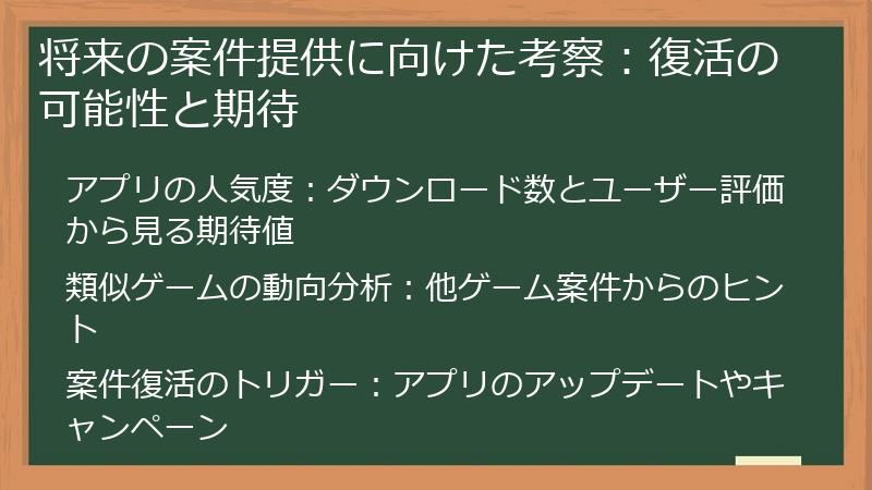 将来の案件提供に向けた考察：復活の可能性と期待