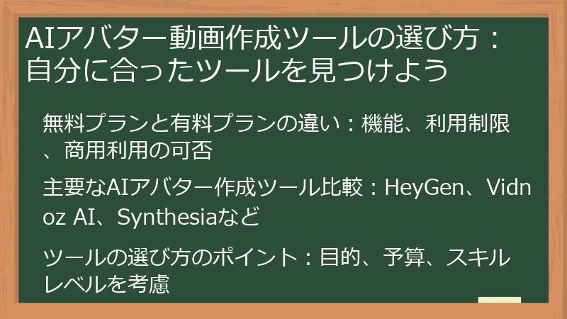 AIアバター動画作成ツールの選び方：自分に合ったツールを見つけよう