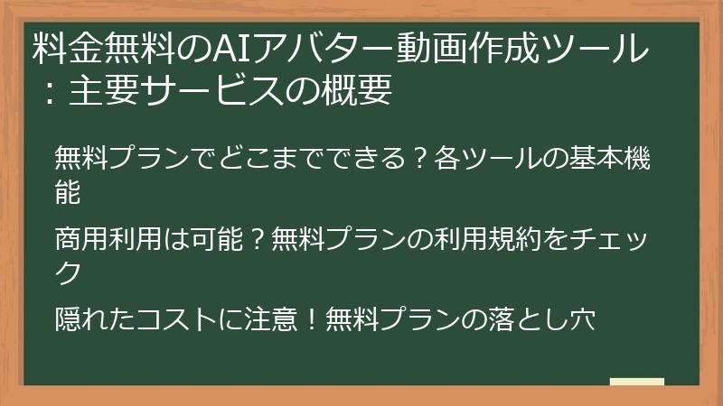 料金無料のAIアバター動画作成ツール:主要サービスの概要