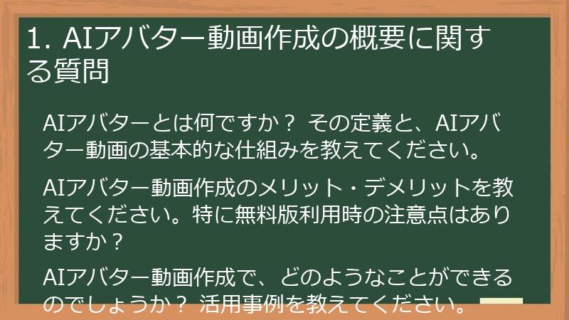 1. AIアバター動画作成の概要に関する質問