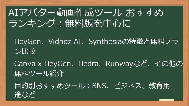 AIアバター動画作成ツール おすすめランキング:無料版を中心に
