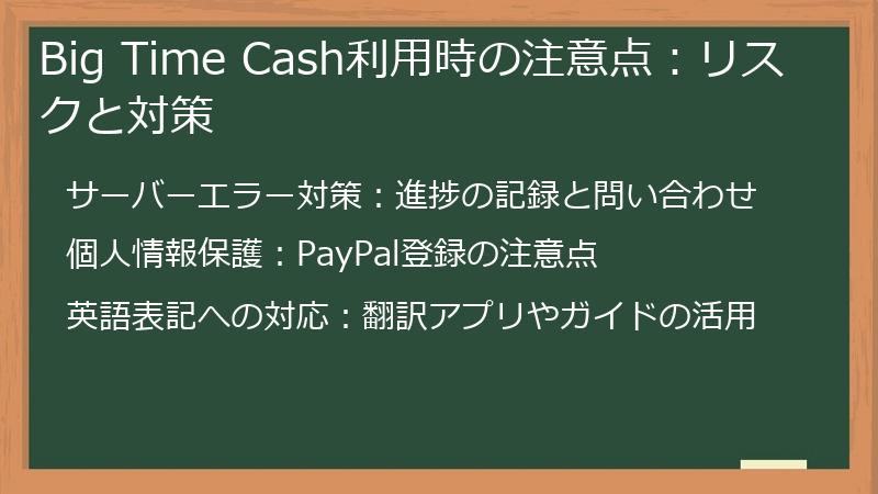 Big Time Cash利用時の注意点：リスクと対策