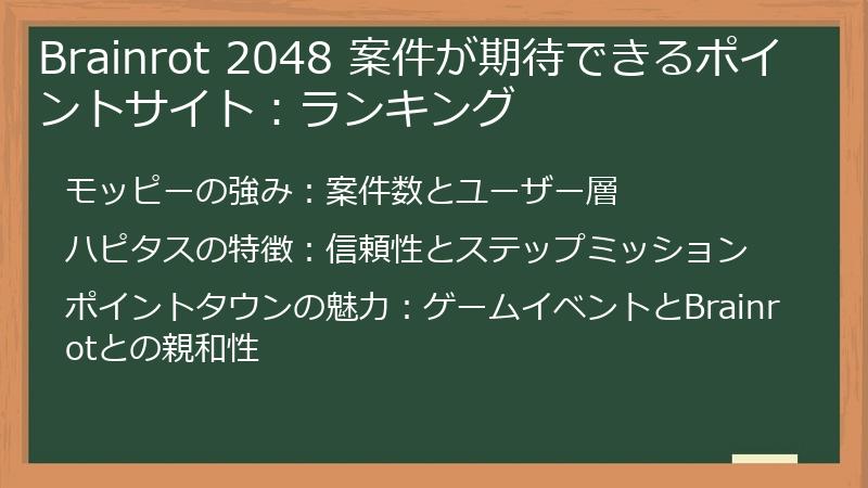 Brainrot 2048 案件が期待できるポイントサイト：ランキング