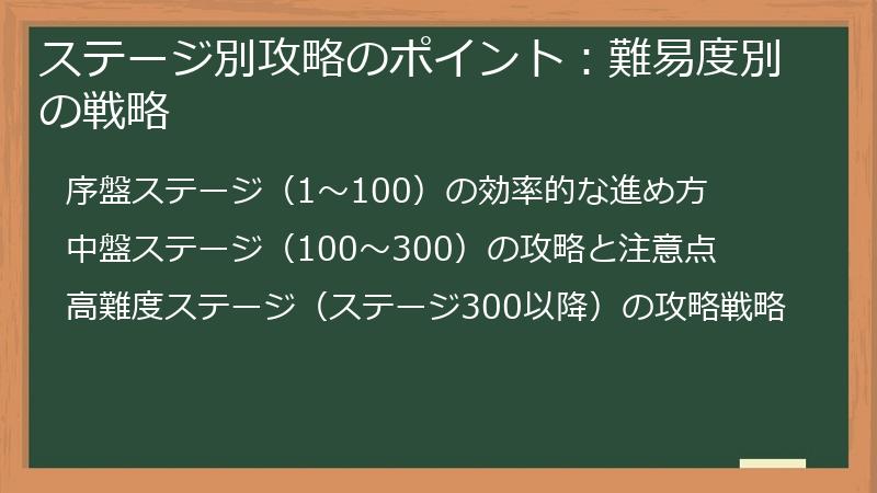 ステージ別攻略のポイント：難易度別の戦略