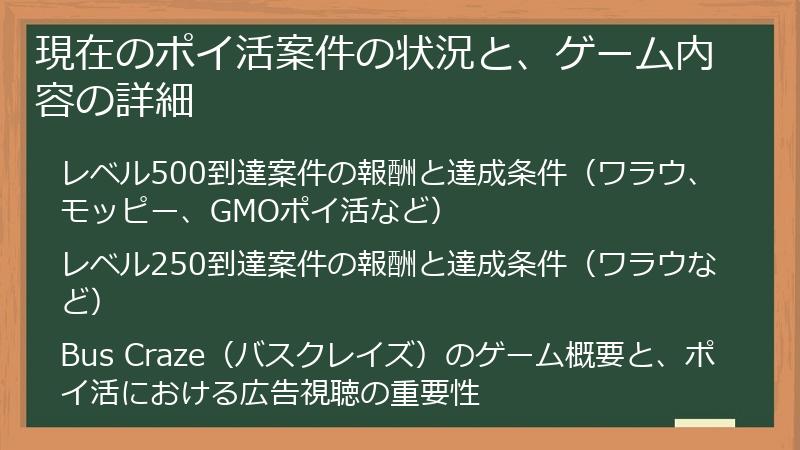 現在のポイ活案件の状況と、ゲーム内容の詳細