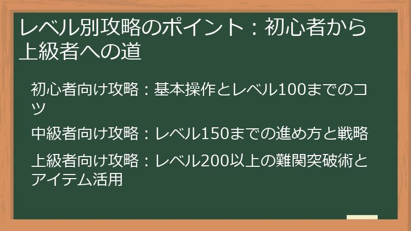 レベル別攻略のポイント：初心者から上級者への道