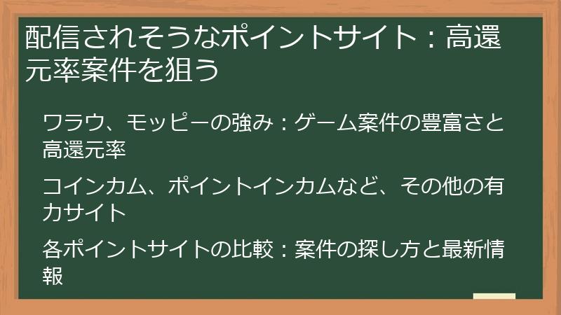 配信されそうなポイントサイト：高還元率案件を狙う