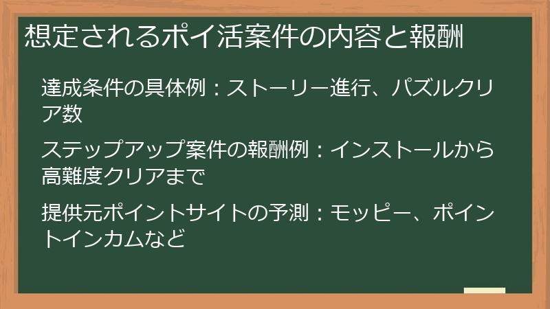 想定されるポイ活案件の内容と報酬