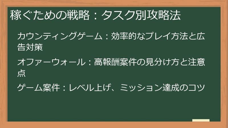 稼ぐための戦略：タスク別攻略法