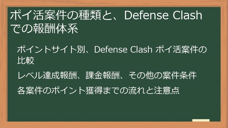 ポイ活案件の種類と、Defense Clash での報酬体系