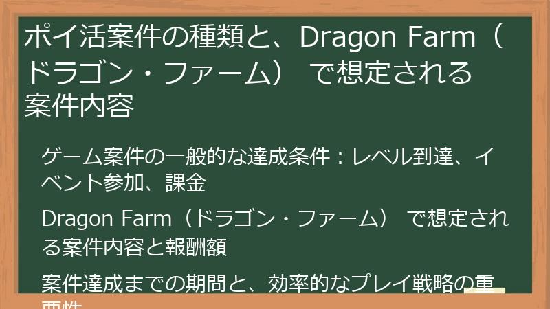 ポイ活案件の種類と、Dragon Farm（ドラゴン・ファーム） で想定される案件内容