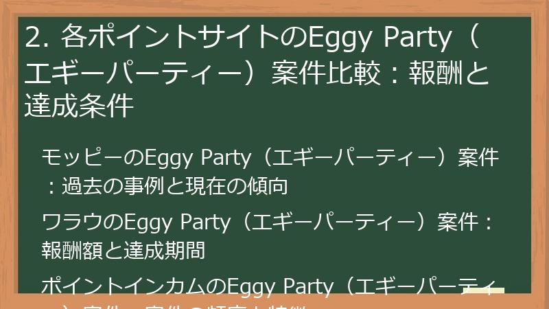 2. 各ポイントサイトのEggy Party（エギーパーティー）案件比較：報酬と達成条件