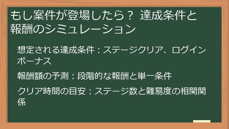 もし案件が登場したら？ 達成条件と報酬のシミュレーション