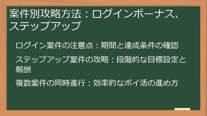 案件別攻略方法：ログインボーナス、ステップアップ