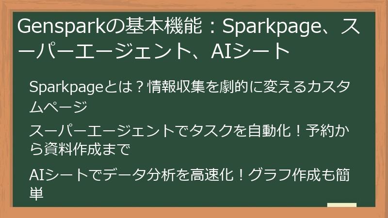 Gensparkの基本機能:Sparkpage、スーパーエージェント、AIシート