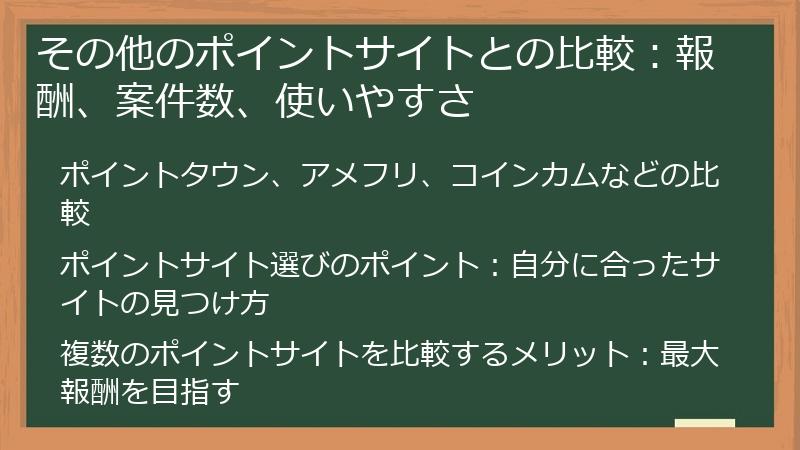 その他のポイントサイトとの比較：報酬、案件数、使いやすさ