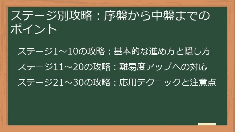 ステージ別攻略：序盤から中盤までのポイント