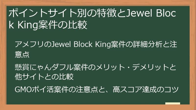ポイントサイト別の特徴とJewel Block King案件の比較