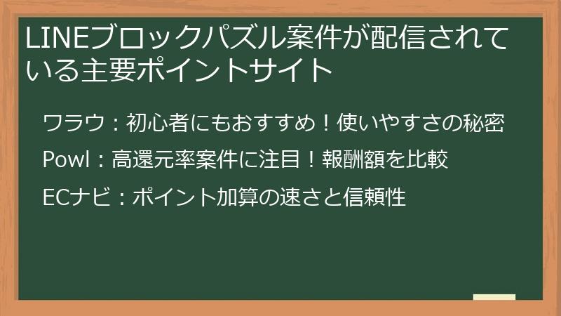 LINEブロックパズル案件が配信されている主要ポイントサイト