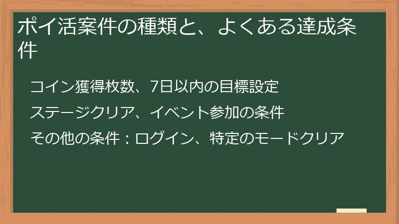 ポイ活案件の種類と、よくある達成条件
