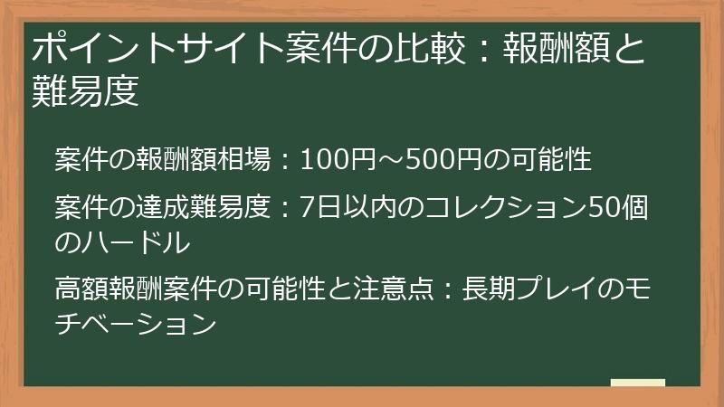 ポイントサイト案件の比較：報酬額と難易度