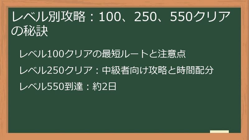 レベル別攻略：100、250、550クリアの秘訣