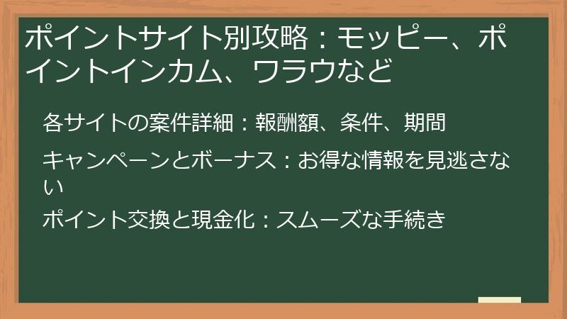 ポイントサイト別攻略：モッピー、ポイントインカム、ワラウなど