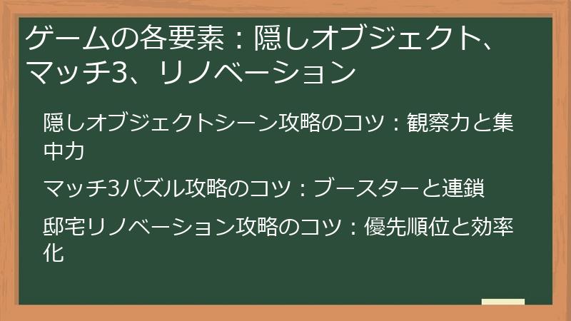 ゲームの各要素：隠しオブジェクト、マッチ3、リノベーション