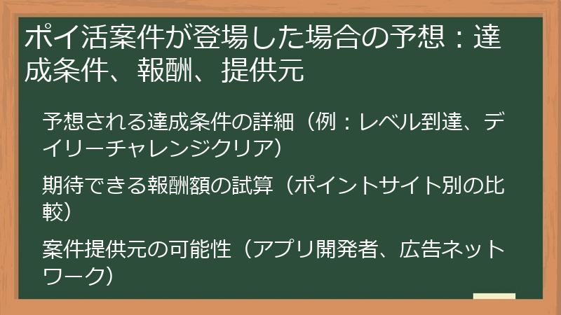 ポイ活案件が登場した場合の予想：達成条件、報酬、提供元