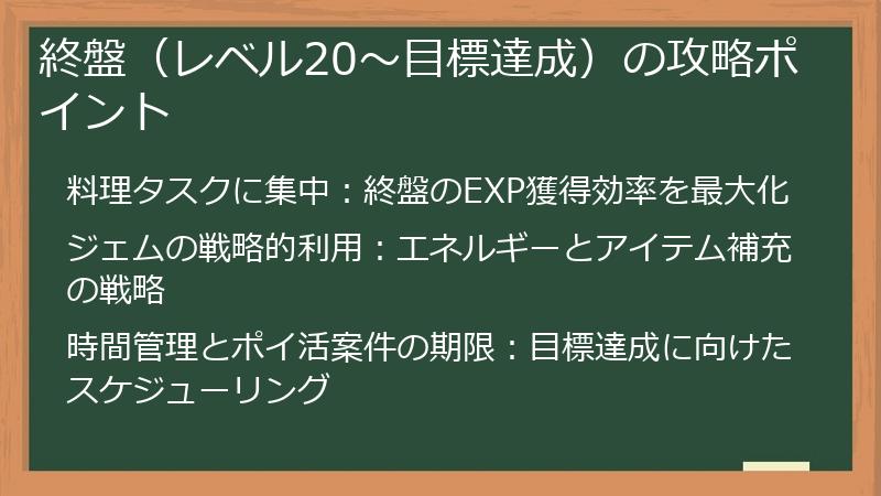 終盤（レベル20〜目標達成）の攻略ポイント