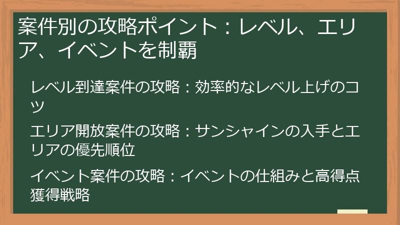 案件別の攻略ポイント：レベル、エリア、イベントを制覇