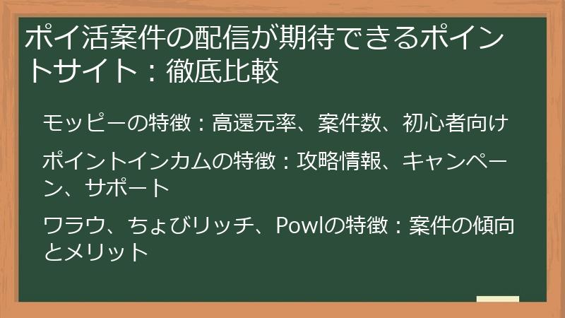 ポイ活案件の配信が期待できるポイントサイト：徹底比較