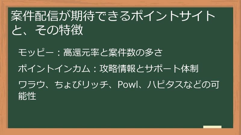 案件配信が期待できるポイントサイトと、その特徴