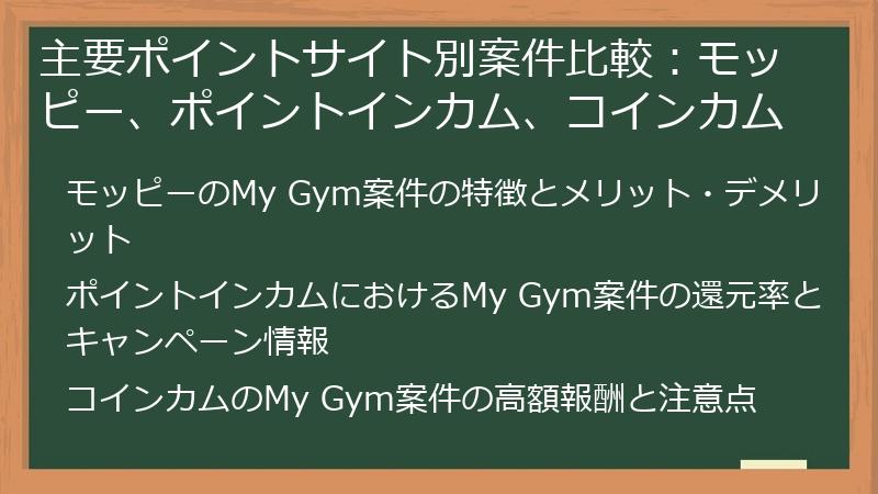主要ポイントサイト別案件比較：モッピー、ポイントインカム、コインカム
