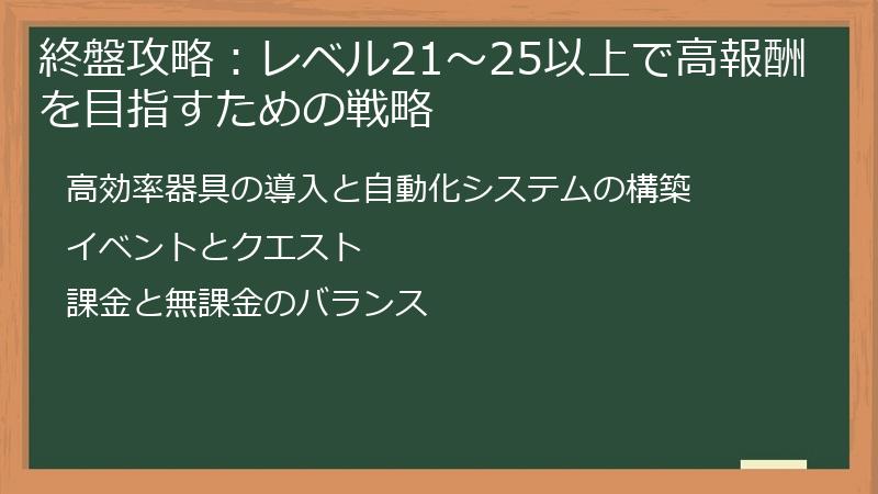 終盤攻略：レベル21～25以上で高報酬を目指すための戦略