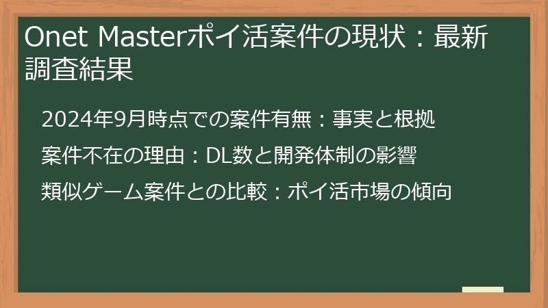 Onet Masterポイ活案件の現状：最新調査結果
