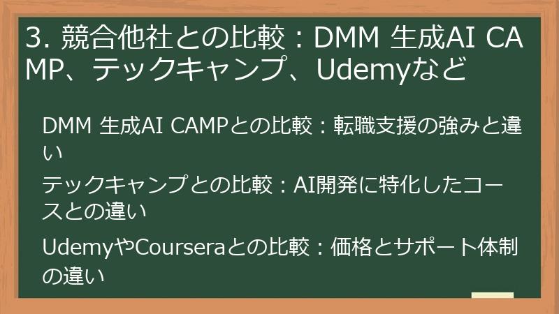 3. 競合他社との比較：DMM 生成AI CAMP、テックキャンプ、Udemyなど