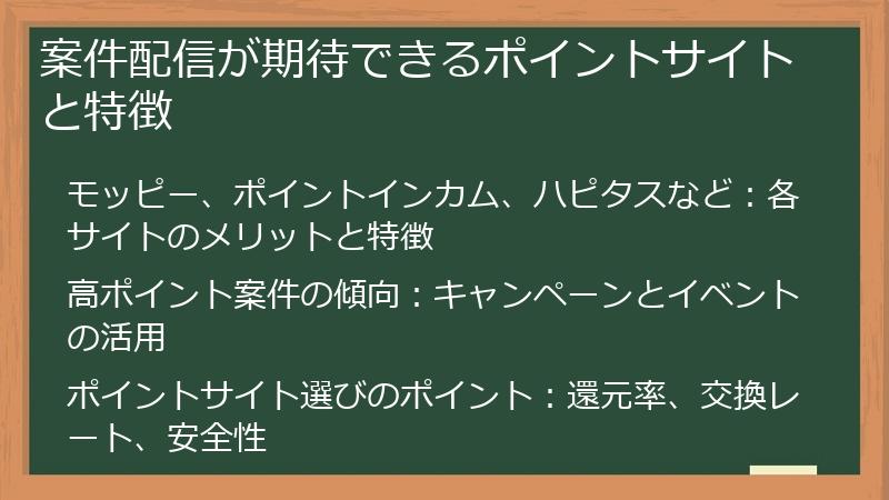 案件配信が期待できるポイントサイトと特徴