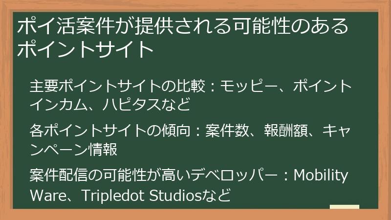 ポイ活案件が提供される可能性のあるポイントサイト