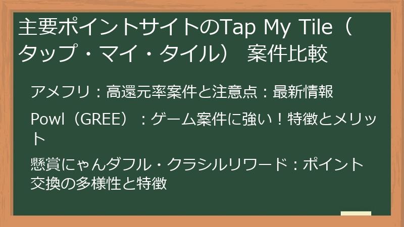 主要ポイントサイトのTap My Tile（タップ・マイ・タイル） 案件比較