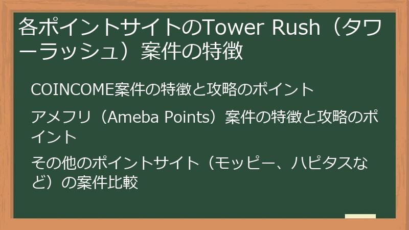 各ポイントサイトのTower Rush（タワーラッシュ）案件の特徴