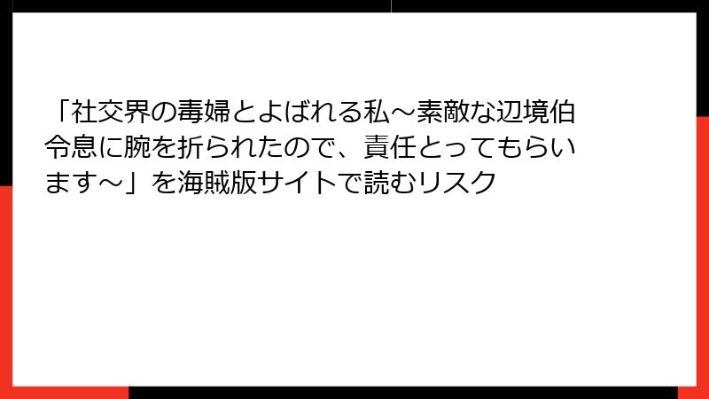 「社交界の毒婦とよばれる私～素敵な辺境伯令息に腕を折られたので、責任とってもらいます～」を海賊版サイトで読むリスク