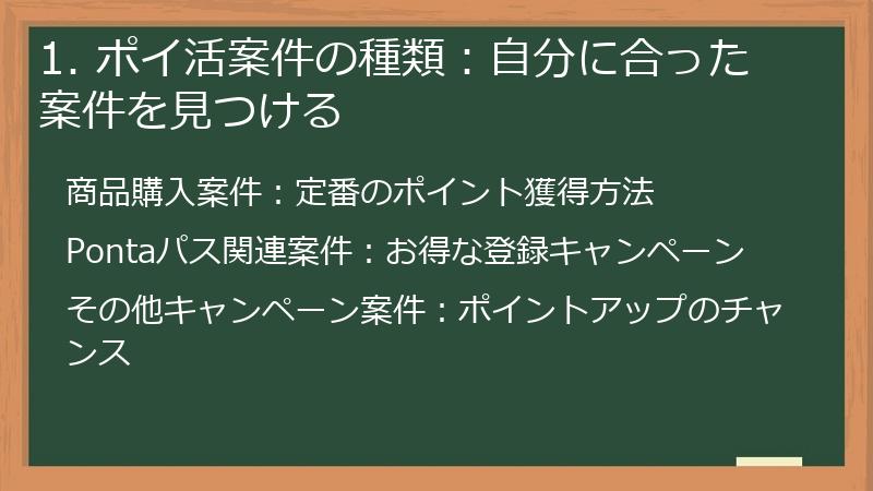 1. ポイ活案件の種類：自分に合った案件を見つける