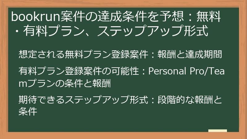 bookrun案件の達成条件を予想：無料・有料プラン、ステップアップ形式