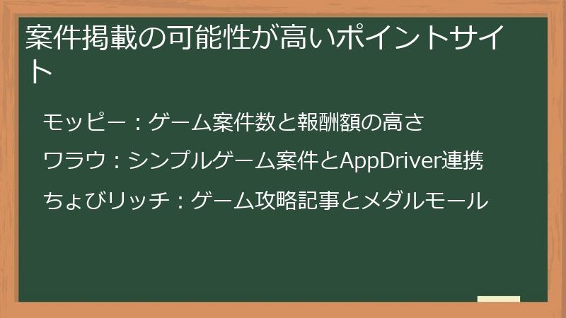 案件掲載の可能性が高いポイントサイト