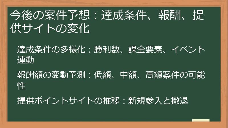 今後の案件予想：達成条件、報酬、提供サイトの変化