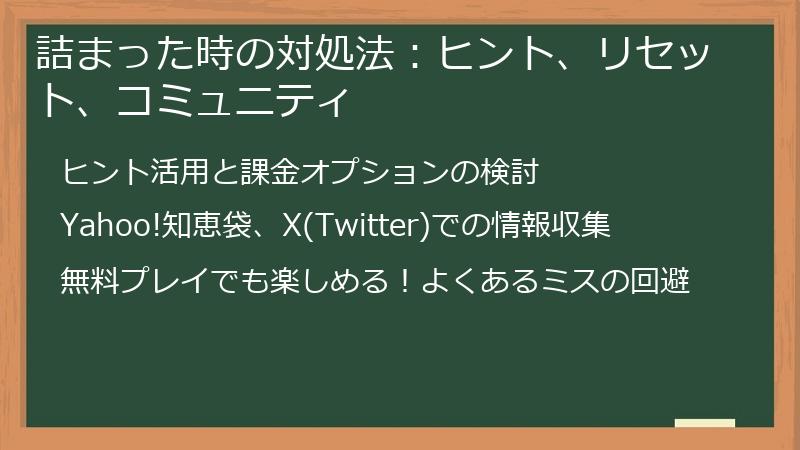 詰まった時の対処法：ヒント、リセット、コミュニティ