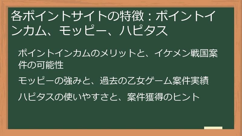 各ポイントサイトの特徴：ポイントインカム、モッピー、ハピタス