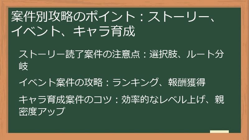 案件別攻略のポイント:ストーリー、イベント、キャラ育成