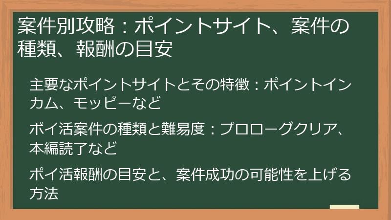 案件別攻略：ポイントサイト、案件の種類、報酬の目安